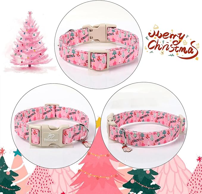 Christmas Dog Collar for Giant Large Dogs - Cute Xmas Tree Print Pink Christmas Collars for Dogs, Soft Adjustable Winter Holiday Dog Collars with Quick Release Buckle XL