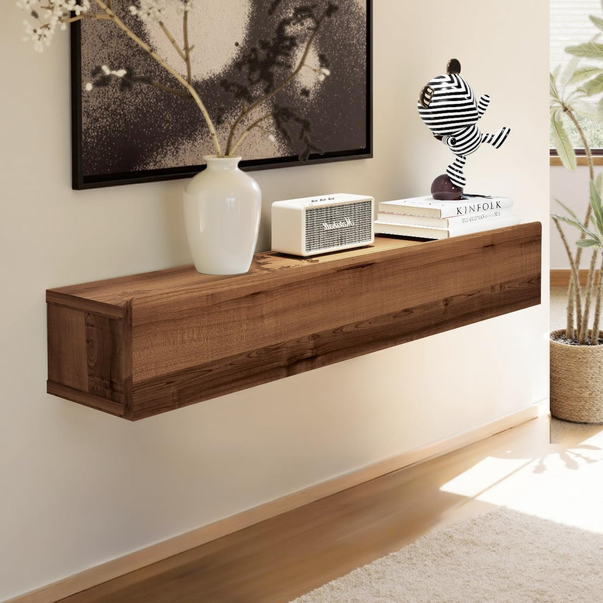 Floating Solid Wood Console Table, 32'' Wall Mounted Narrow Entryway Table with Storage Shelf, Modern Couch Shelves Small Entry Way Tables for Entryway, Front Hall, Hallway (Walnut, 31.5IN)