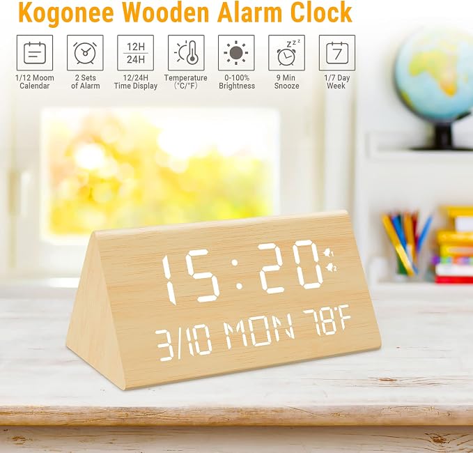 Kogonee Wooden Digital Alarm Clock, 0-100% Dimmer, 2 Alarm Settings,