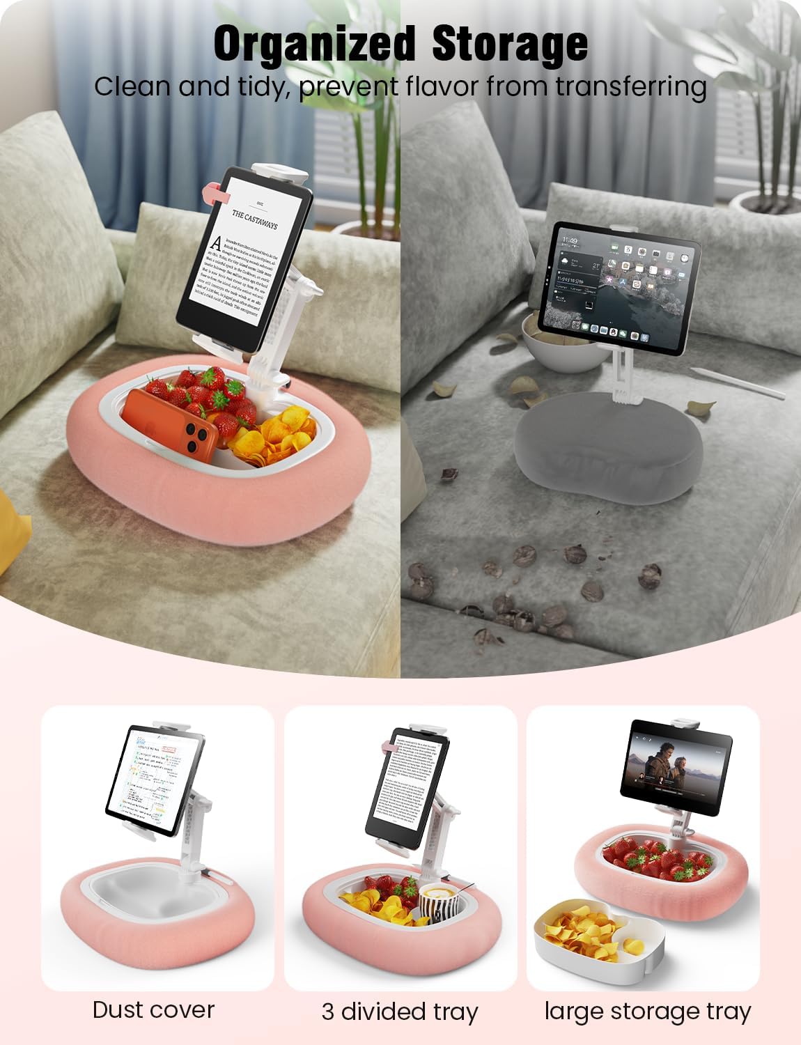 TAZENI Kindle Tablet Pillow Stand Accessories for Bed Reading, with 3 Trays