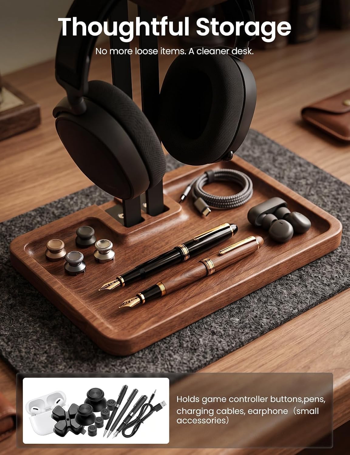 LOXP Walnut Headphone and Controller Stand, 2-in-1 Holder with Storage