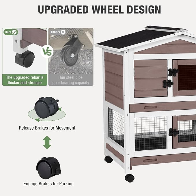 Indoor/Outdoor Rabbit Hutch with Pull-Out Tray, Weatherproof Bunny Cage & Attached Run - Also for Chickens (Brown, L)
