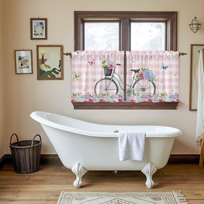 Spring Tier Curtains, Bicycles Leaves Butterfly Flowers Pink Buffalo Plaid