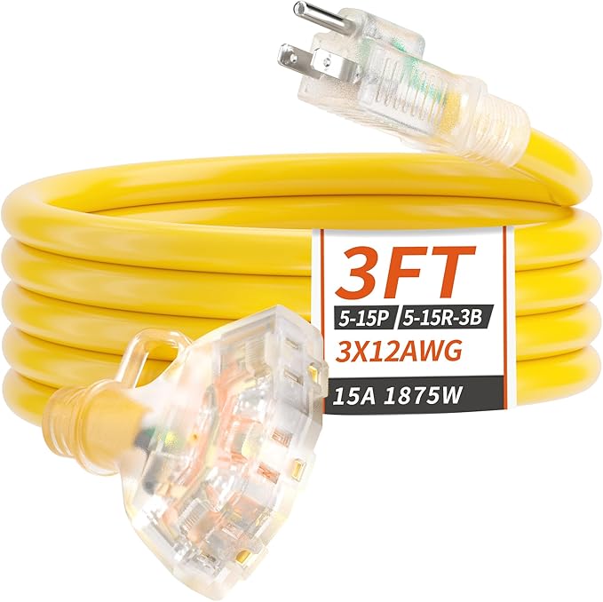 3 FT 12/3 Gauge Outdoor Extension Cord with Multiple Outlets Light Indicator, Flexible 3 Outlet Weatherproof Heavy Duty Extension Cord Waterproof Yellow, 15A 1875W 12AWG SJTW, ETL Listed