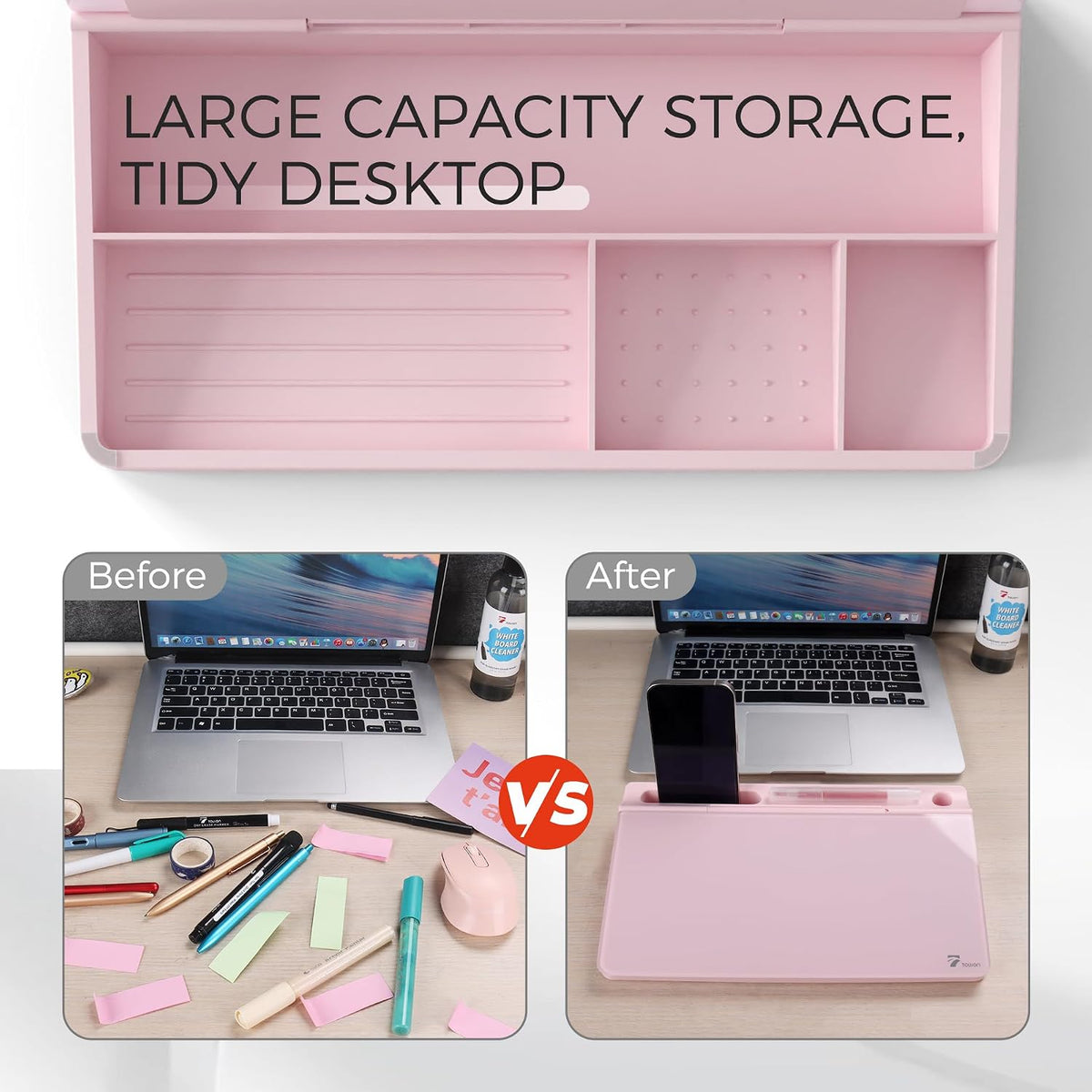 TOWON Compact Glass Desktop Whiteboard with Storage 12x7 in, Pink