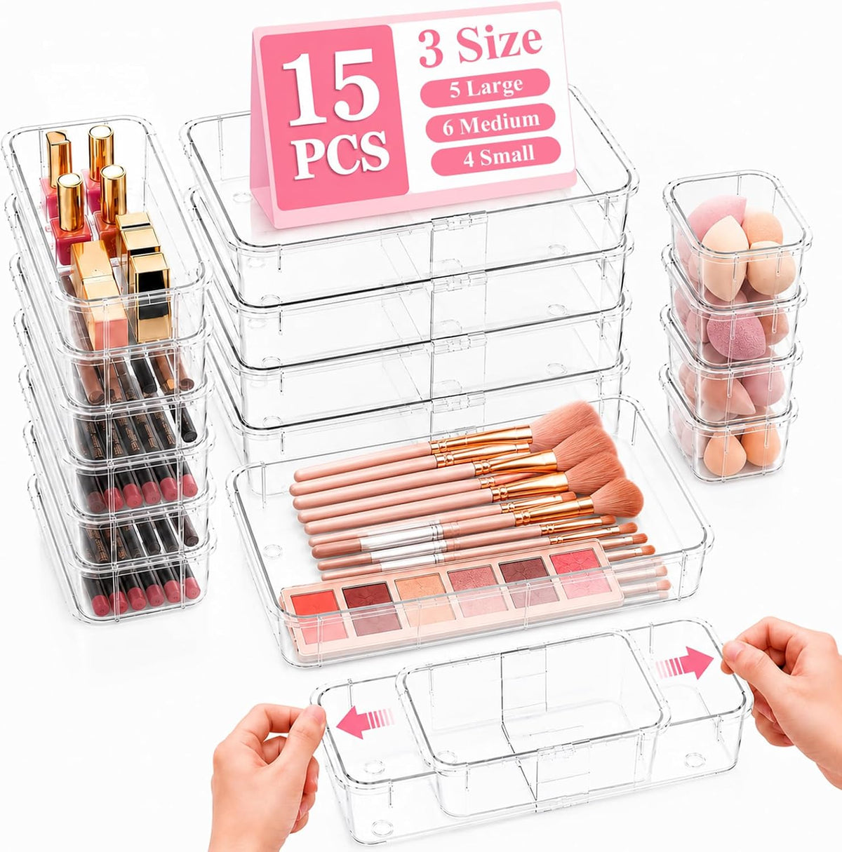 15 PCS Extendable Drawer Organizer Set Clear Stackable Vanity Storage Bins