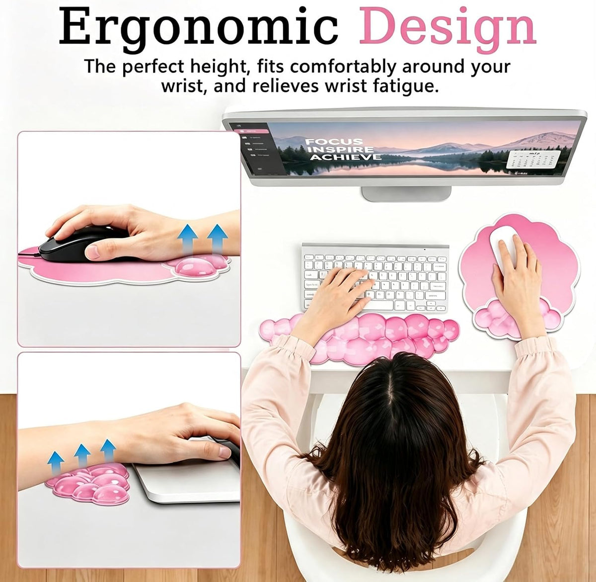 Gel Wrist Rest and Cloud Mouse Pad, for Keyboards and Mice - Ergonomic Pink Keyboard Wrist Rest Set, Relieves Pain from Typing/Computer/Laptop/Gaming/Home/Office Pink
