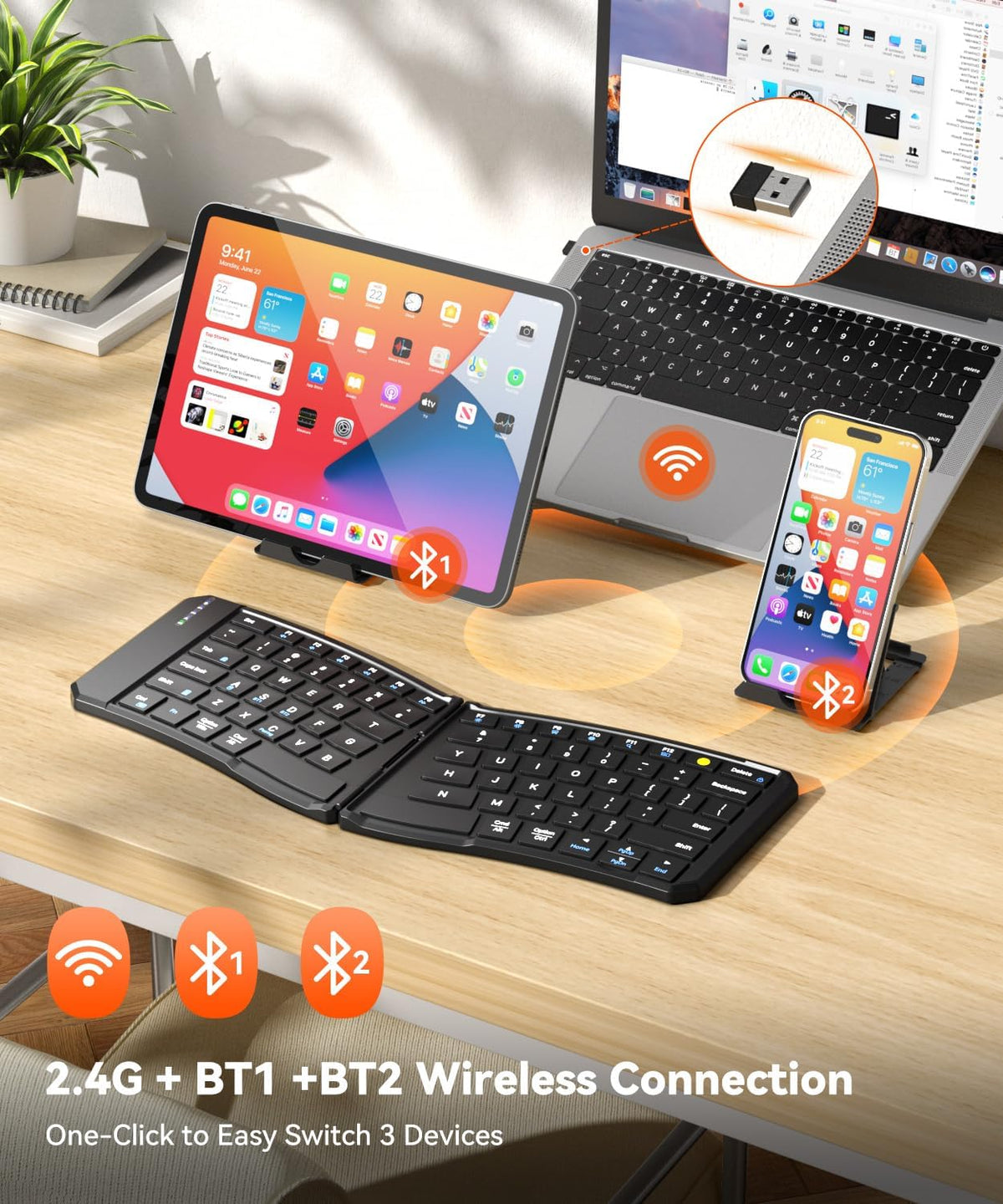 Ergonomic Foldable Keyboard, 3-Device Dual Mode 2.4G & Bluetooth