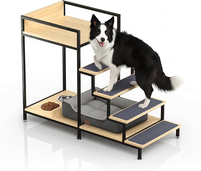 Dog Window Perch with Stairs - Multilevel Perch to Look Out Window with 130 lbs Load Capacity - Pet Bunk Bed with Feeding Station & Anti-Slip Carpet (Natural Color)