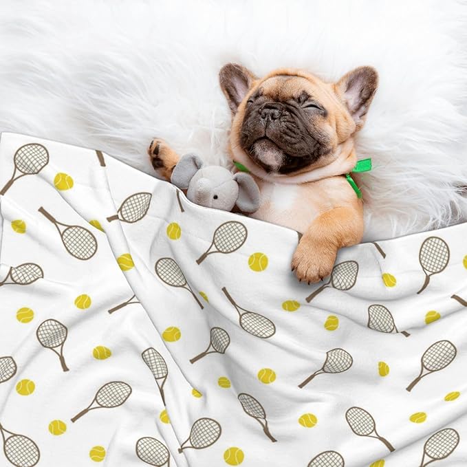 Two Sided Plush Pet Blanket for Crates Carriers Home Use, Tennis Rackets Balls, Reversible Throw with Cozy Dot Fabric and Silky Reverse for Small Large Pets