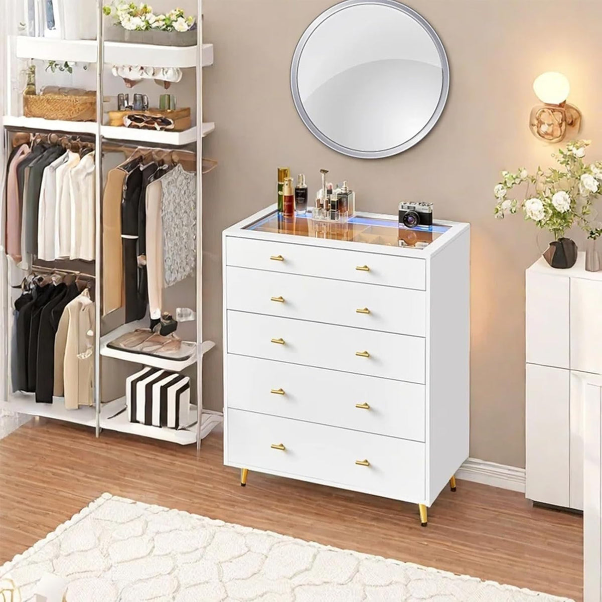 Drawer Dresser with Glass Top and LED Lights, White