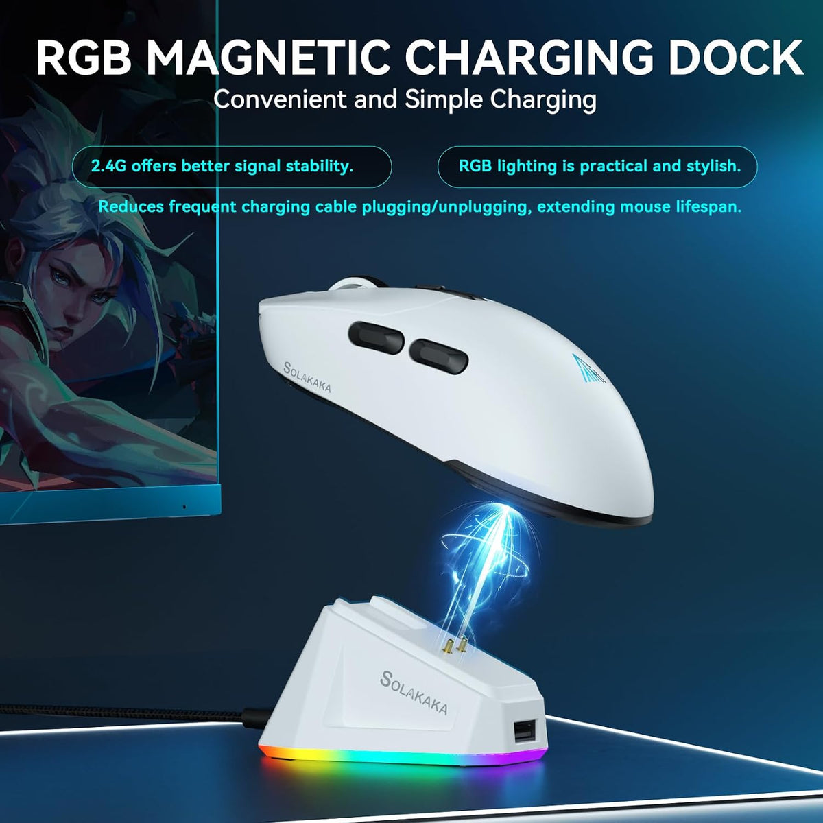SOLAKAKA SM820 Wireless Gaming Mouse with RGB Charging Dock,24000 DPI Tri-Modes Wireless Mouse with 2 Side Buttons, PAW3311 Optical Sensor, Programmable Macro Mouse for Gaming(White)