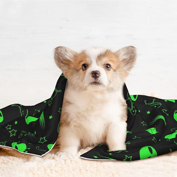 Reversible Plush Dot Pet Blanket for Dogs and Cats, Green Alien Moon Spaceships Planet Black, Ultra Soft Two Sided Design with Warm Fuzzy Side and Smooth Side for Comfort