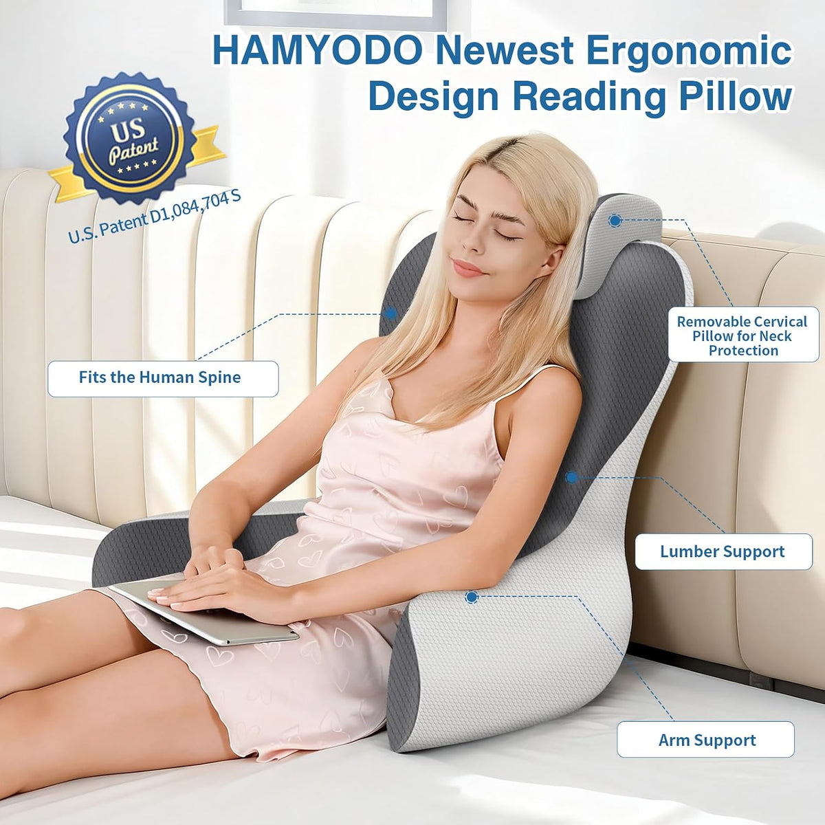 22" XL Reading Pillow Sitting in Bed,Back Support & Armrests(Grey&DarkGrey)