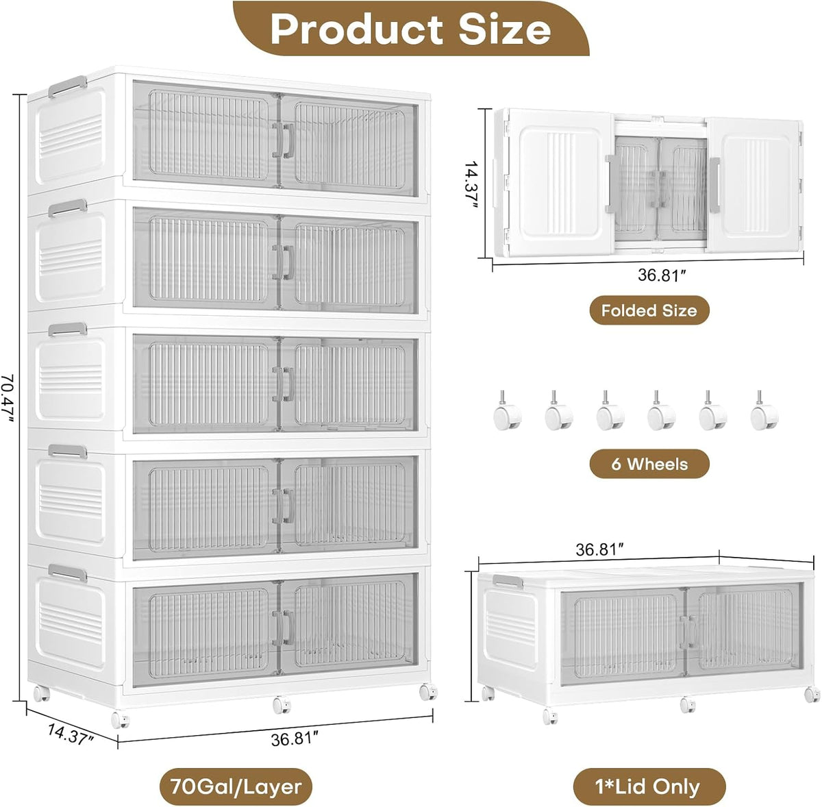 350Gal Extra Large Stackable Storage Bins with Lid, 1400QT Foldable Collapsible Storage Box with Doors and Wheels, Plastic Closet Organizers Container Drawer for Bedroom Dorm Kitchen, 5Pack