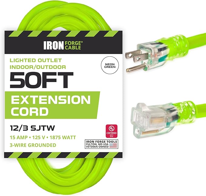 Iron Forge Cable Weatherproof 50 Ft Outdoor Extension Cord - 12/3 SJTW 15 Amp Heavy Duty Light Green High Visibility Cable with 3 Prong - Lighted End