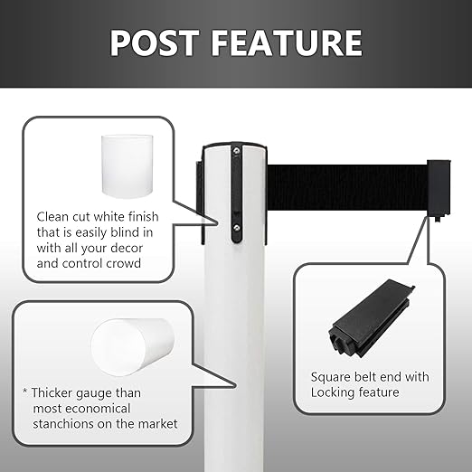 VIP Crowd Control Retractable Belt Stanchion Queue Safety Barrier Set, 36" Ht, 78" Belt (2 WHT Posts Black Belt)