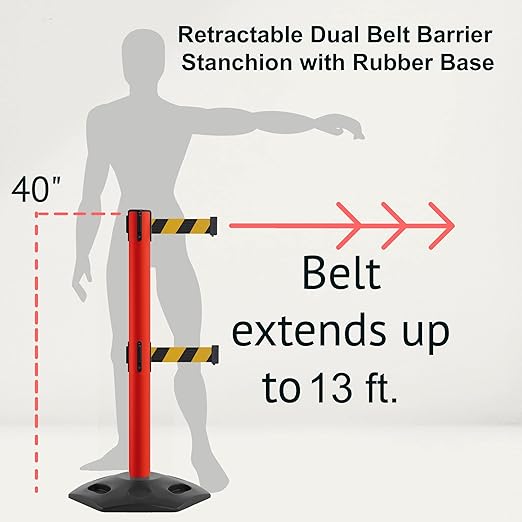 Montour Line MSR630D Set of 2 Retractable Belt Barrier Stanchion, Heavy-Duty Rubber Base, Red Post (13 ft Red with "Authorized Access ONLY" White Letters Dual Belt)