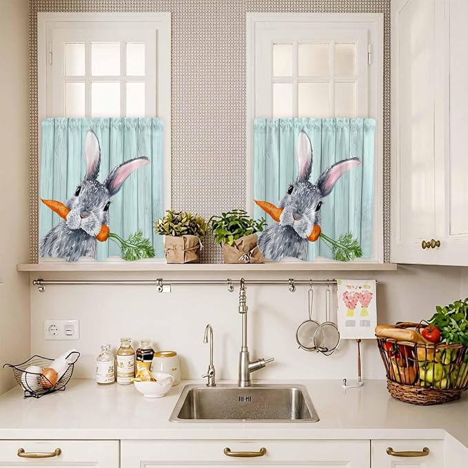 Easter Kitchen Curtain Set, Spring Rabbit Botanical Carrots Green Wooden Grain