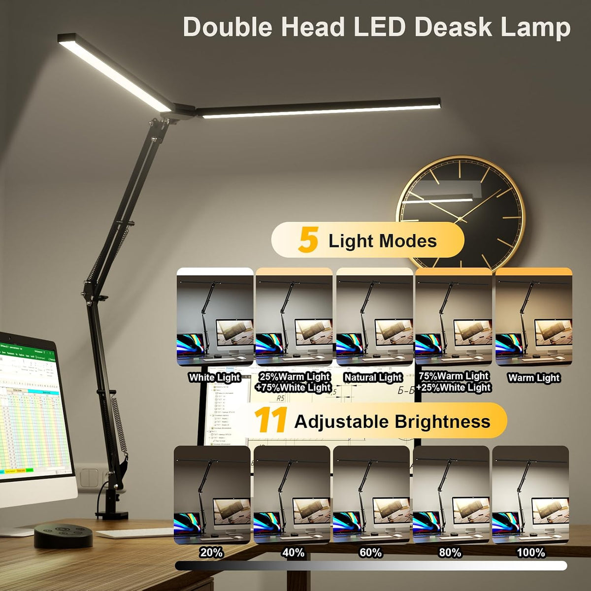 SKYLEO Led Desk Lamp for Home Office - 2400LM Ultra Bright Desk Light -Eye Caring Desk Lamp with Clamp - Adjustable Office Lamp with Remote Control- Easy Installation - 24W Black