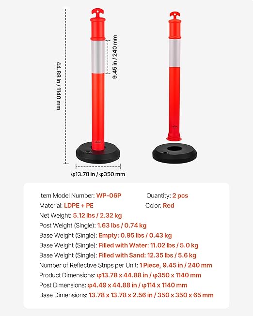 VEVOR 2 Pack Traffic Delineator Posts, 48 inches Traffic Safety Cones with Fillable Base and Reflective Strips, Heavy Duty Delineator Posts for Construction Site, Parking Lot, Crowd Control, Red