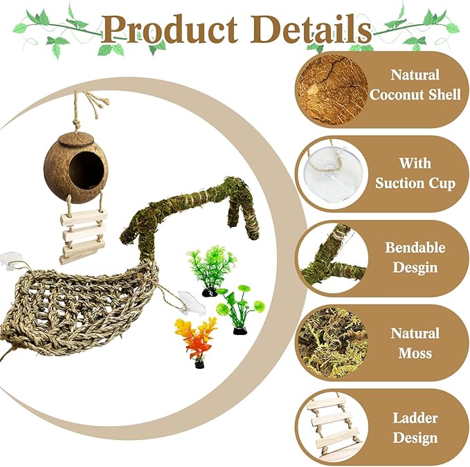 6 PCS Hermit Crab Accessories Set Small Bendable Moss Hermit Crab Climbing Toys Coconut Shell Hut with Ladder Climbing Hammock with Suction Cup Plants for Reptile Amphibian