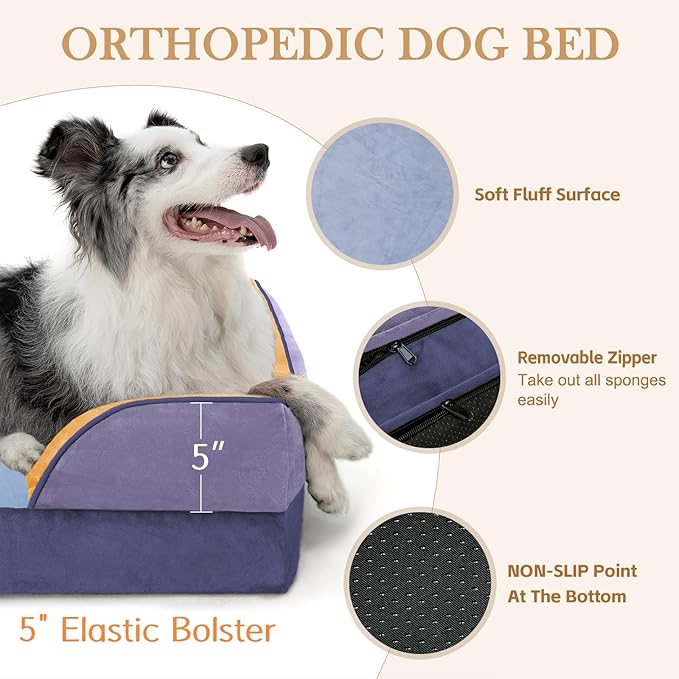 Comfort Expression Orthopedic Dog Bed for Large Dogs 36x27 Inch, Waterproof Egg Crate Foam Large Pet Bed with Removable Bolsters, Dog Couch with Washable Cover & Non-Slip Bottom, Twilight Wave