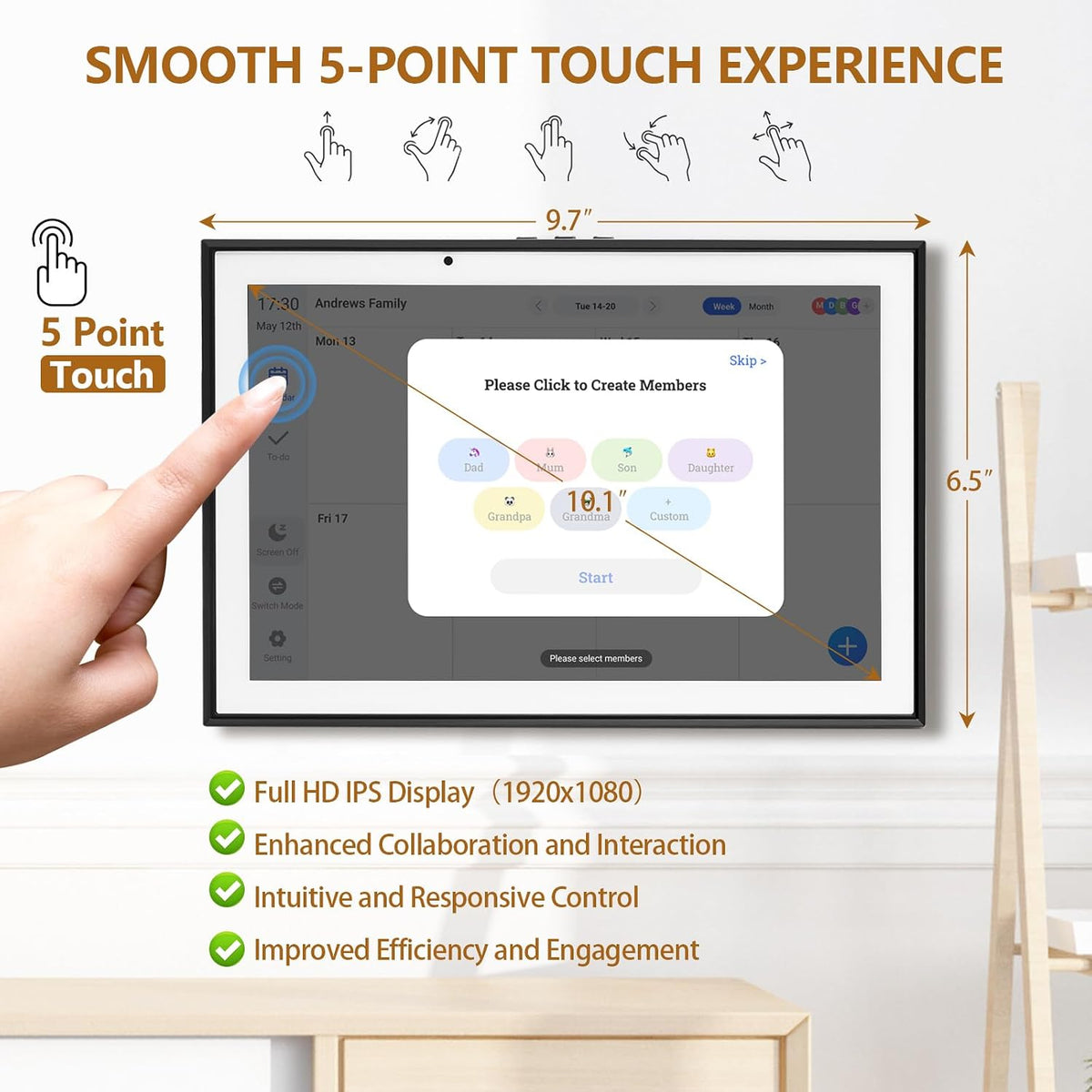 10.1 inch Smart Digital Calendar & Chore Chart, 1920 * 1080P Full HD Touchscreen Interactive Display, Desk Planner with Meal Scheduler, Achievement Rewards for Family Schedules and Cloud Photo