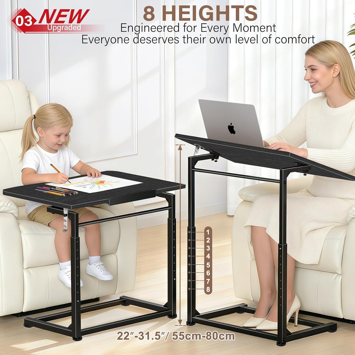 Extra Large Heavy Duty TV Tray Table, 23.6" Folding C-Shaped Laptop Desk for Couch & Bed, Height & Tilt Adjustable Overbed End Table with Phone/Tablet Slot, Easy Clean Black Finish for Small Spaces
