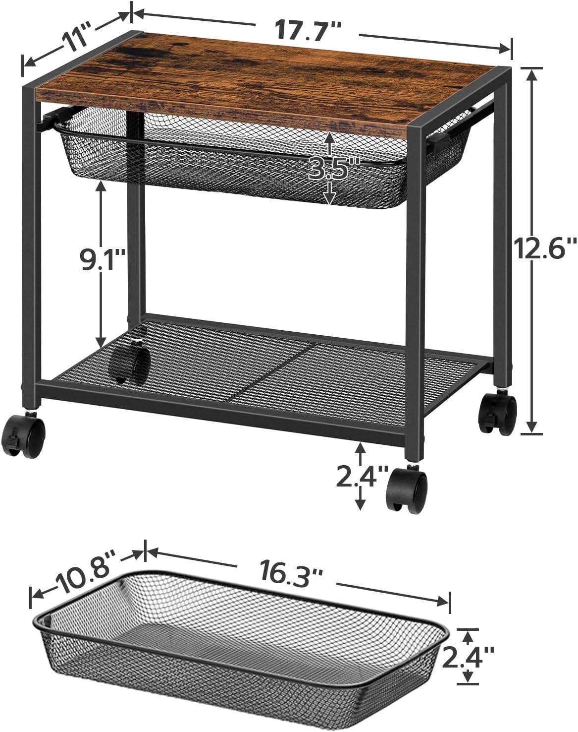 HOOBRO Under Desk Printer Stand, Industrial Printer Cart with Storage Shelf, 2-Tier Mobile Printer Table on Wheels, Heavy Duty Machine Storage Rack for Office and Home Rustic Brown + Black BF12PS01