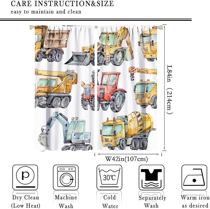 Kids Excavator Curtains, Retro Truck Tractor Machinery Construction Vehicle
