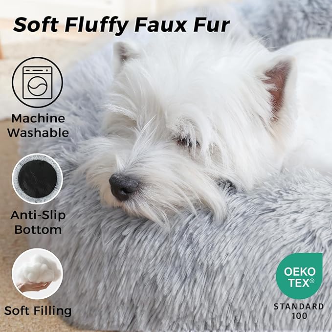 Medium Calming Dog Bed & Cat Bed with Anti-Slip Bottom, Medium Size Washable Anti-Anxiety Donut Dog Beds for Medium & Large Dogs, Fluffy Plush Cozy Round Dog Bed(30 Inch, Light Grey)