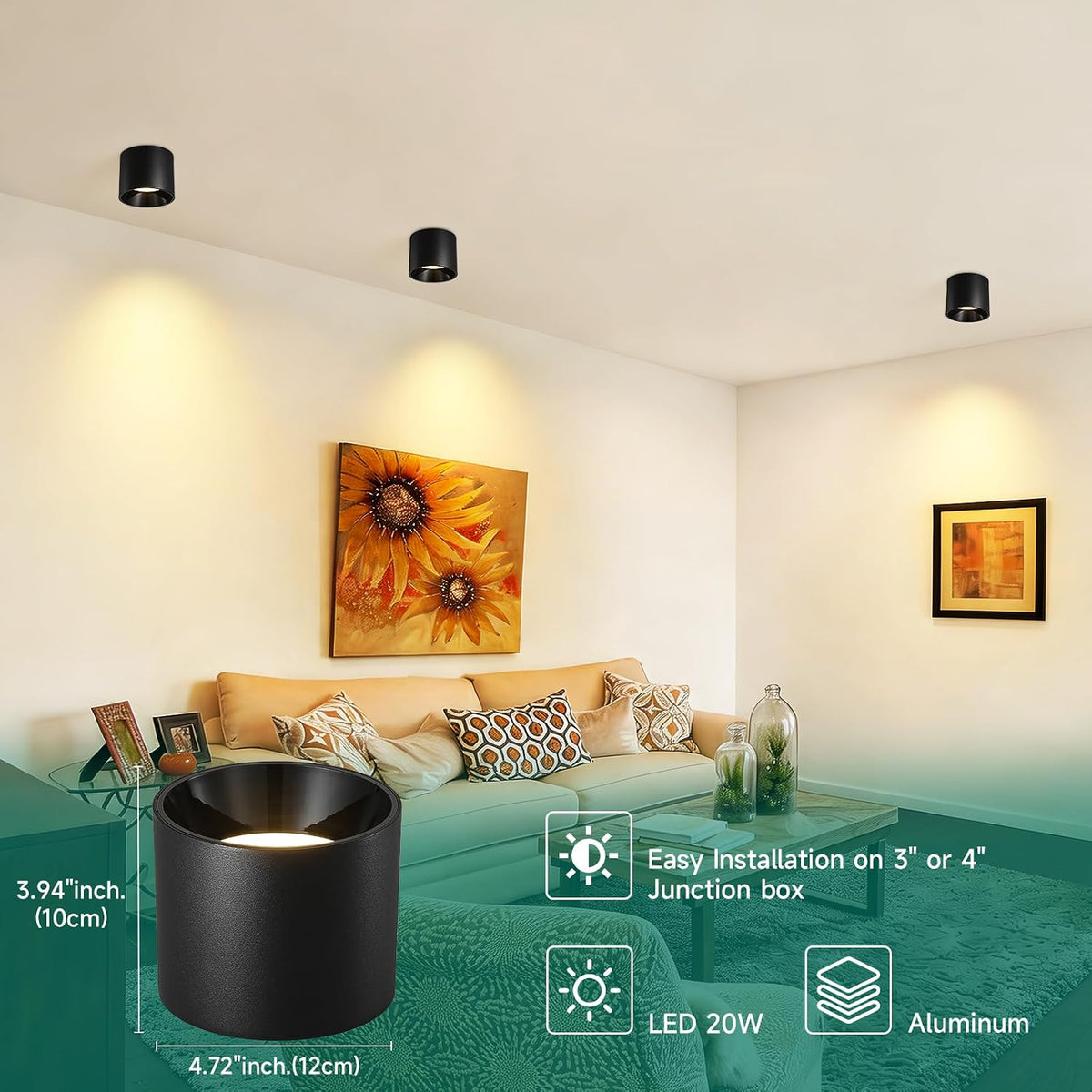 Flush Mount Ceiling Light Fixture, Dimmable LED 20W 3000K Modern Cylinder Ceiling Light for Hallway Kitchen Living Room, 4.7 Inch, Black