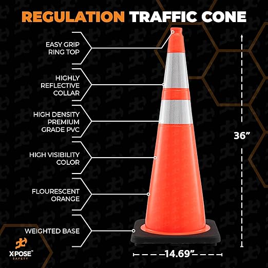 Xpose Safety 36 Inch Orange Traffic Cones with 6" & 4" Collars, 48-Pack - Multipurpose PVC Plastic Safety Cone for Parking, Soccer, Caution, Kids and Construction - DOT Approved