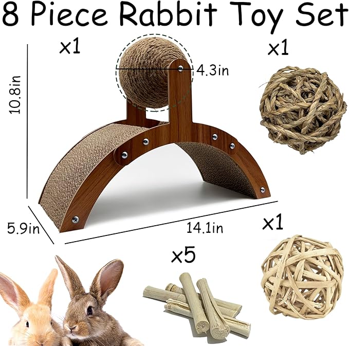 Rabbit Scratch Toys, Natural Sisal Bunny Scratching Cardboard Pad and Scratcher Ball, 2-in-1Pet Enrichment Interactive Toy for Indoor Bunnies Ferrets Chinchillas Small Animals Boredom Breaker