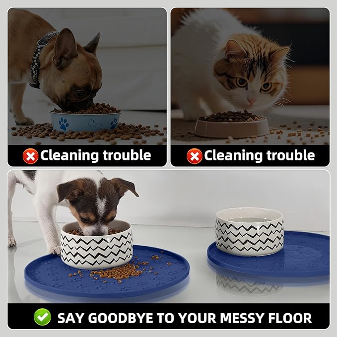 Comtim Waterproof Dog Food Mat - 2 Pack Silicone Pet Food Mat Dog Food Bowl Mats Cat Water Mats Eating Tray, Non-Slip Pet Placemat with Lip for Messy Drinkers to Protect Floor,Navy Blue 11"×11"