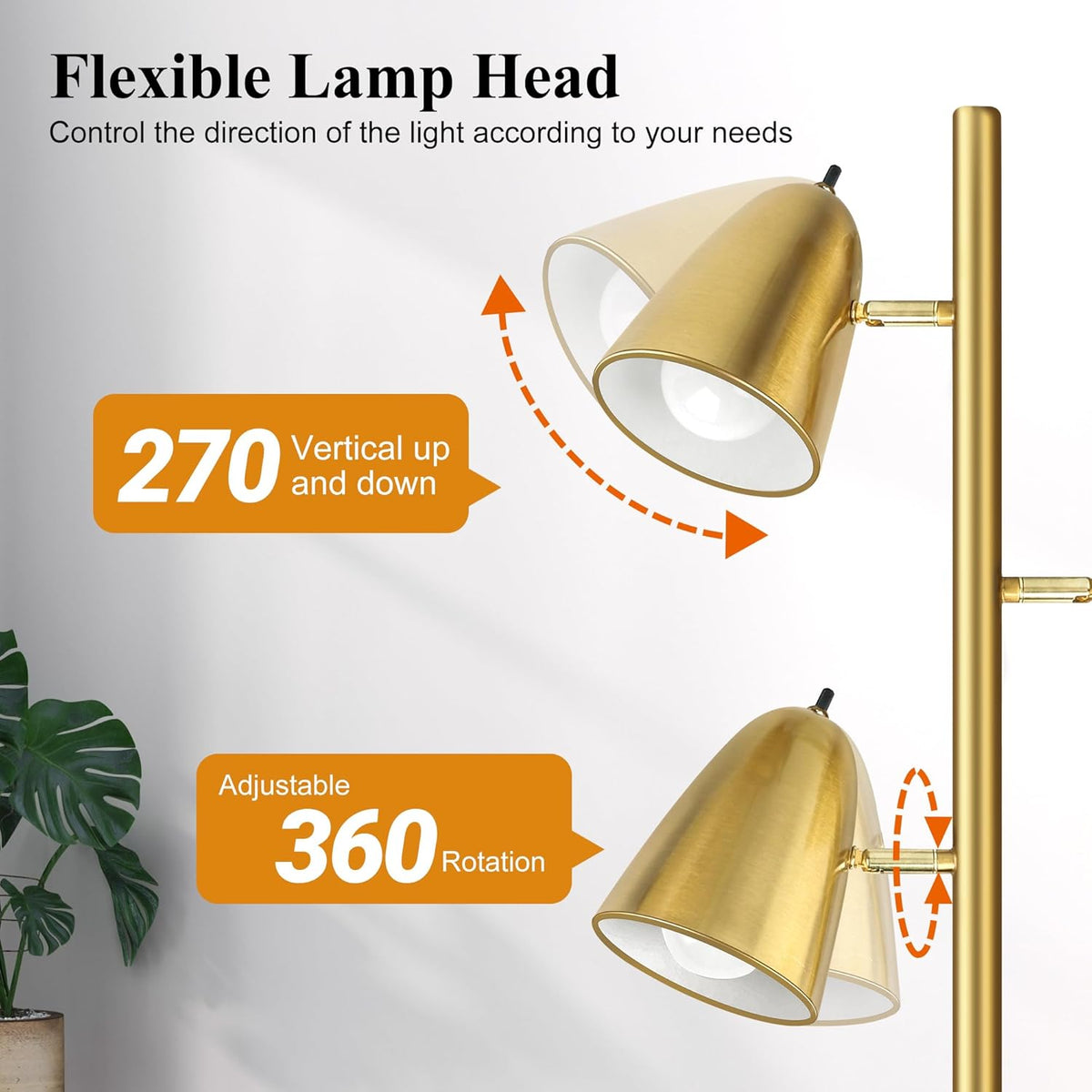 QiMH Tree Floor Lamp with 3 Light Bulbs, Standing Tall Pole Lamps for Living Room Bedroom Office, Reading Stand up Lamps with 3 Adjustable Arms, Brushed Gold