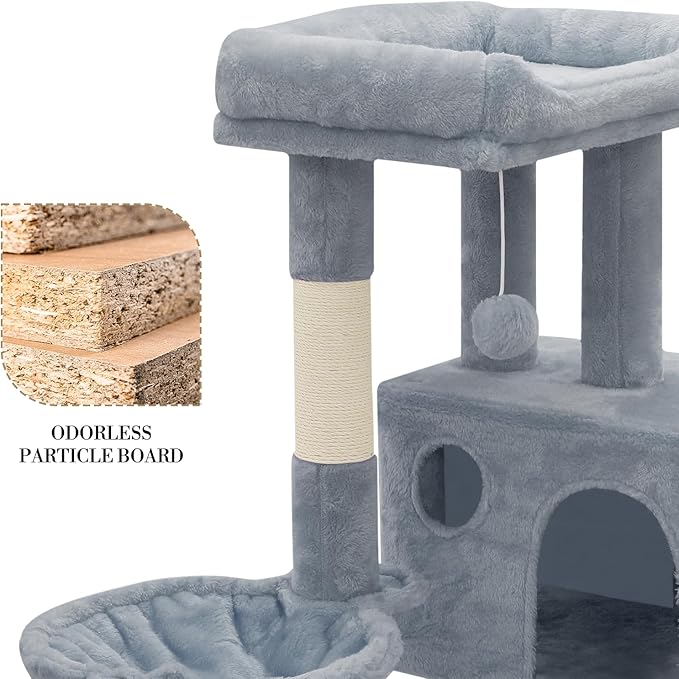 Athena Collection Cat Tree, 36" Tall Cat Tree Tower for Indoor Cats, Multi-Level Cat Tower House Activity Center Climbing Tower with Cat Condo & Hammock & Scratching Post & Dangling Ball, LightGray