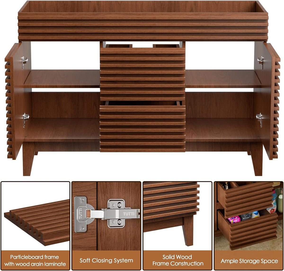 ROOMTEC 48" Bathroom Vanity, Mid-Century Freestanding Bathroom Cabinet Vanity with Storage, Particleboard Frame with Wood Grain Laminate, Walnut (Sink Basin Not Included)