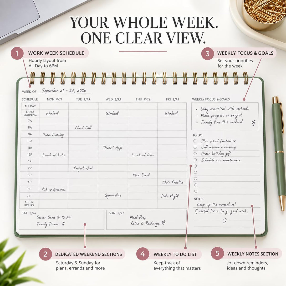 Undated Weekly Schedule, Hourly Spiral Work Planner Notebook