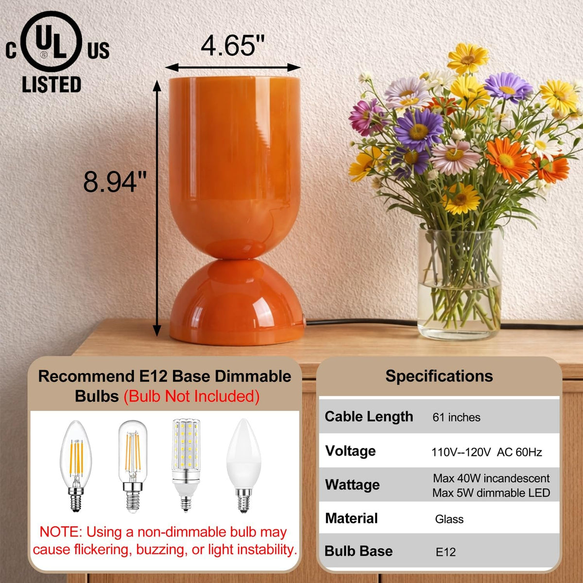 8.9" Dimmable Modern Glass Table Lamp with Dome Base, Glossy Orange