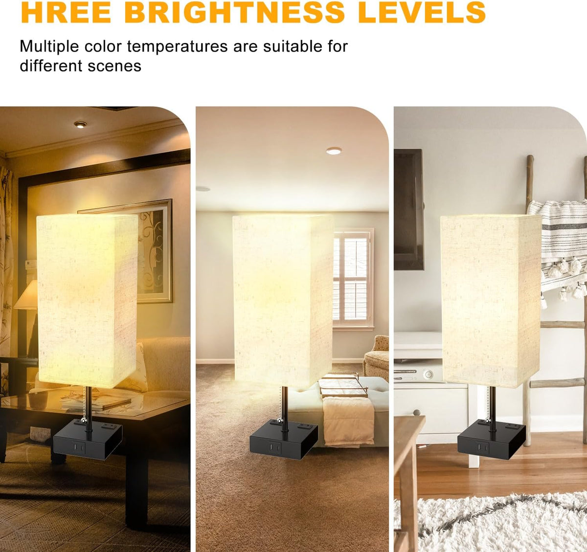YIDPU Table Lamp for Bedroom with USB,Bedside Lamp with USB C+A Charging Ports,Adjustable 3color LED Light for Home Decor/Nightstand/Office,Included Bulb and Fabric Lamp Shade (Linen White, 2PCS)