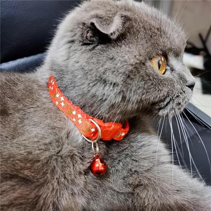 Reflective Cat Collars Breakaway with Bell Moons Stars 2 Pack Girl Boy Pet Kitten Collar Adjustable 7.5-12.5 Inch (red)