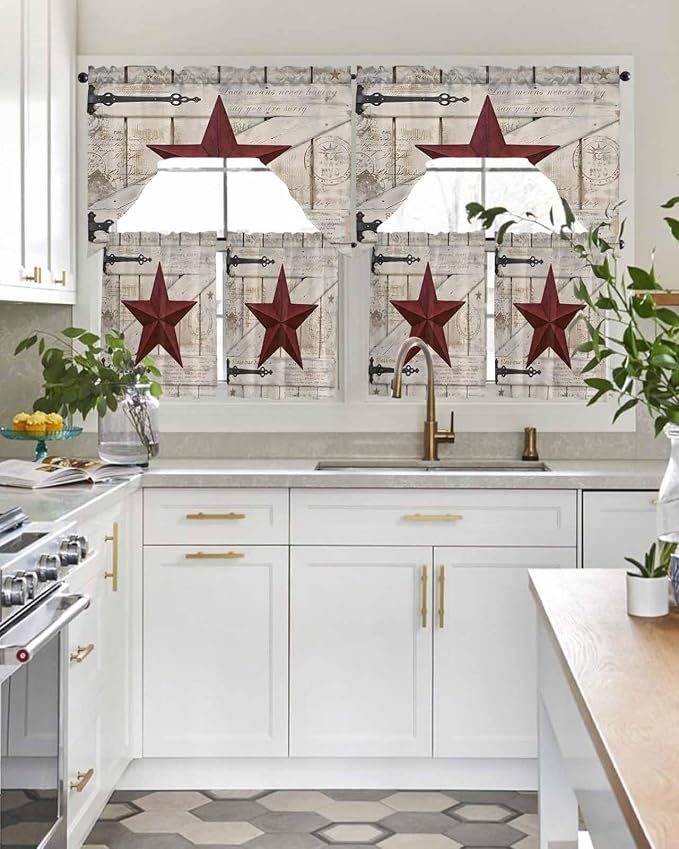 Village Stars Swag Kitchen Curtains Valance and Tier Set, Vintage Dark Red Star