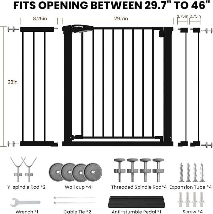 29.7-46" Extra Wide Baby Gate for Stairs, Pressure Mounted Dog Gate Indoor for Doorways, Auto Close Pet Gate with Walk Thru Door, Double Lock Child Safety Gate for Kids and Pet, No-Trip Design