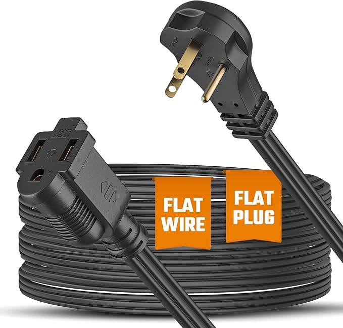 Flat Extension Cord 15 ft for Indoor Use by Bindmaster- UL-Listed 3-Prong Power Cord- Space-Saving Flat Angled Extension Cord- Grounded Outlet Extension Wire- Black.