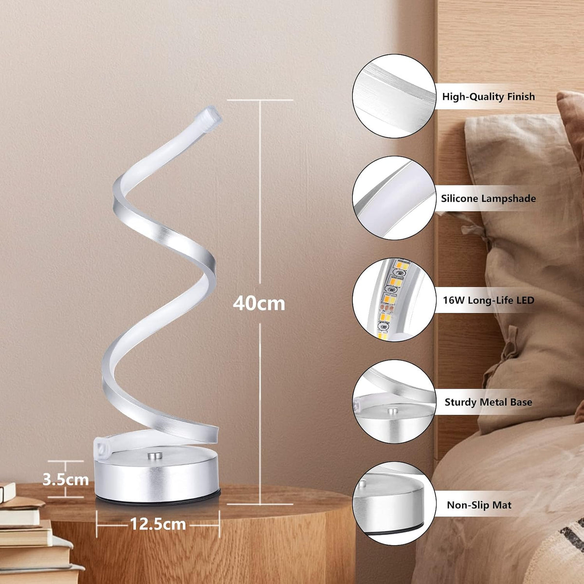 NUÜR Silver Infinity Spiral LED Table Lamp, Dimmable Bedside Lamp