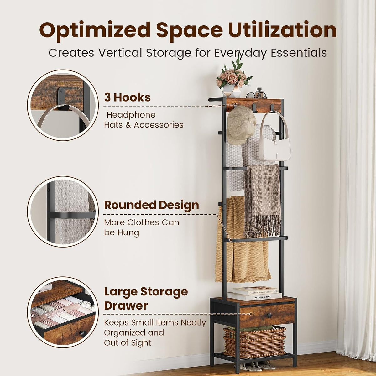 Snughome 8-Tier Blanket Ladder with Storage Drawer & Hooks for Living Room