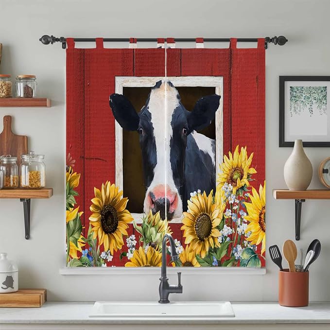 Cow Sunflowers Bedroom Curtains 72 Inch Length, Window Curtains Tab Top