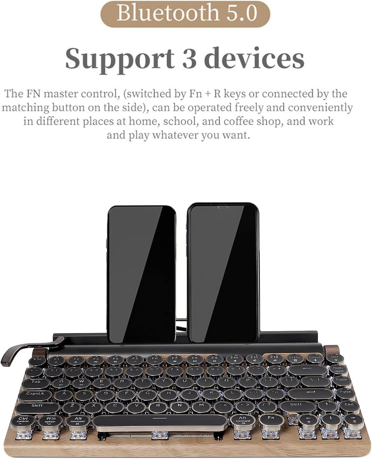 83-Key Mechanical Keyboard - Retro Typewriter Wireless Bluetooth Gaming Keyboard, Anti-Ghosting Blue Switch (Wood)